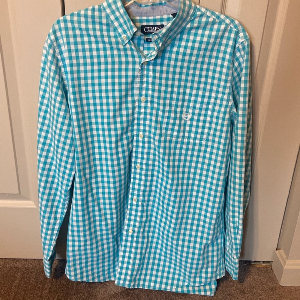 Chaps Men’s Button Down Shirt Size Medium Teal Check Pattern